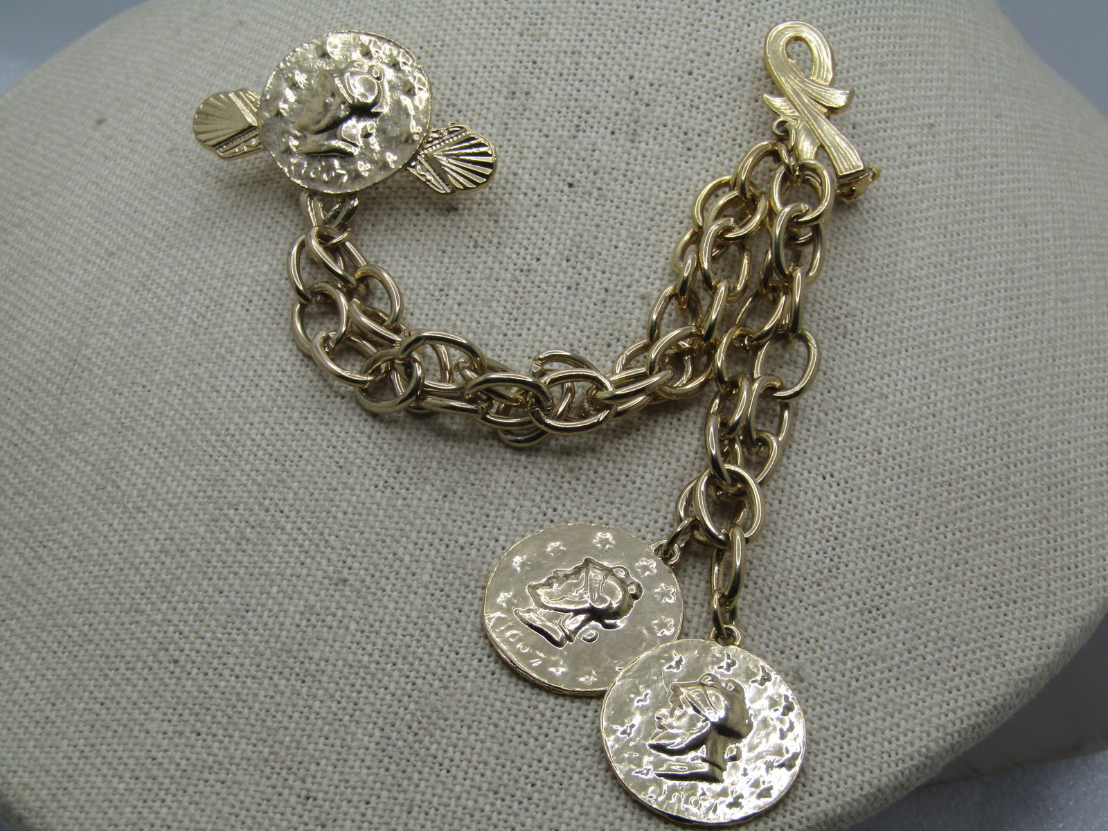 Vintage Faux Coin Double Pin Brooch with Chain, 1970's Statement - 2