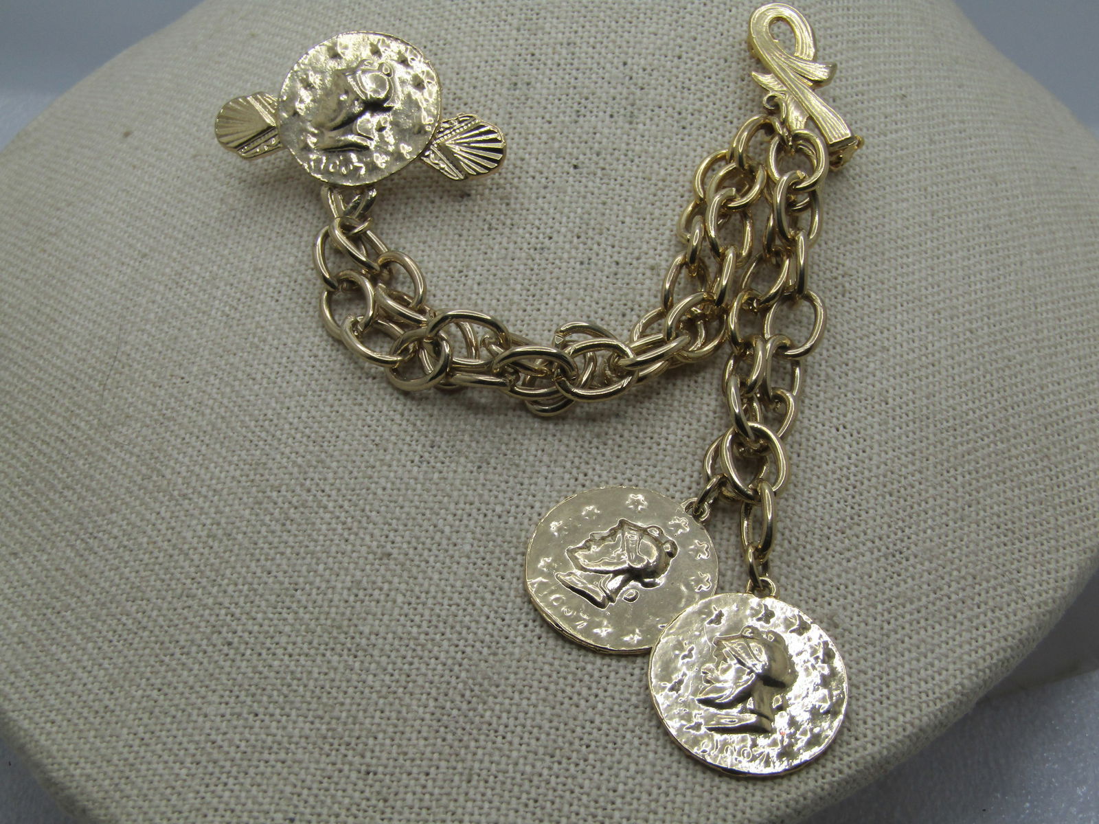 Vintage Faux Coin Double Pin Brooch with Chain, 1970's Statement - 3