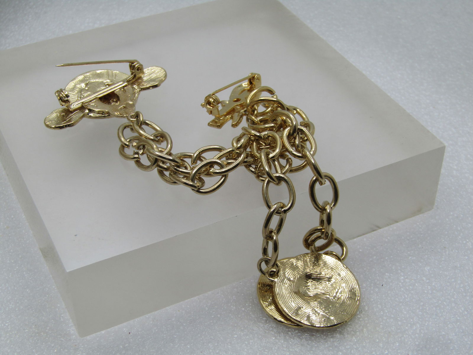 Vintage Faux Coin Double Pin Brooch with Chain, 1970's Statement - 4