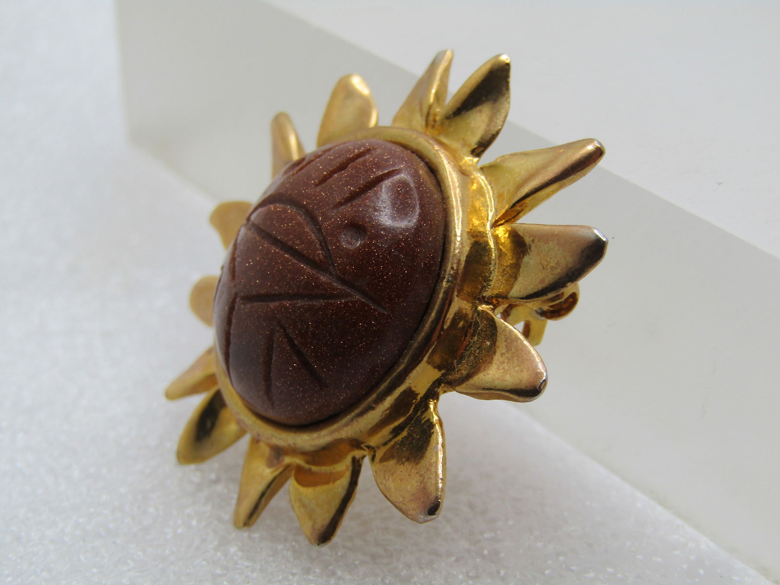 Vintage Carved Goldstone Sun Brooch, , 1970's-1980's. - 2