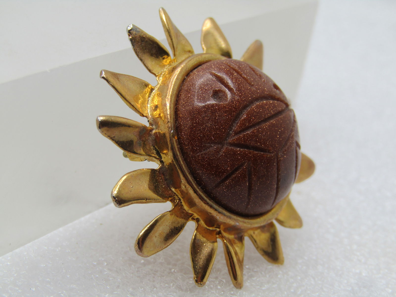 Vintage Carved Goldstone Sun Brooch, , 1970's-1980's. - 3