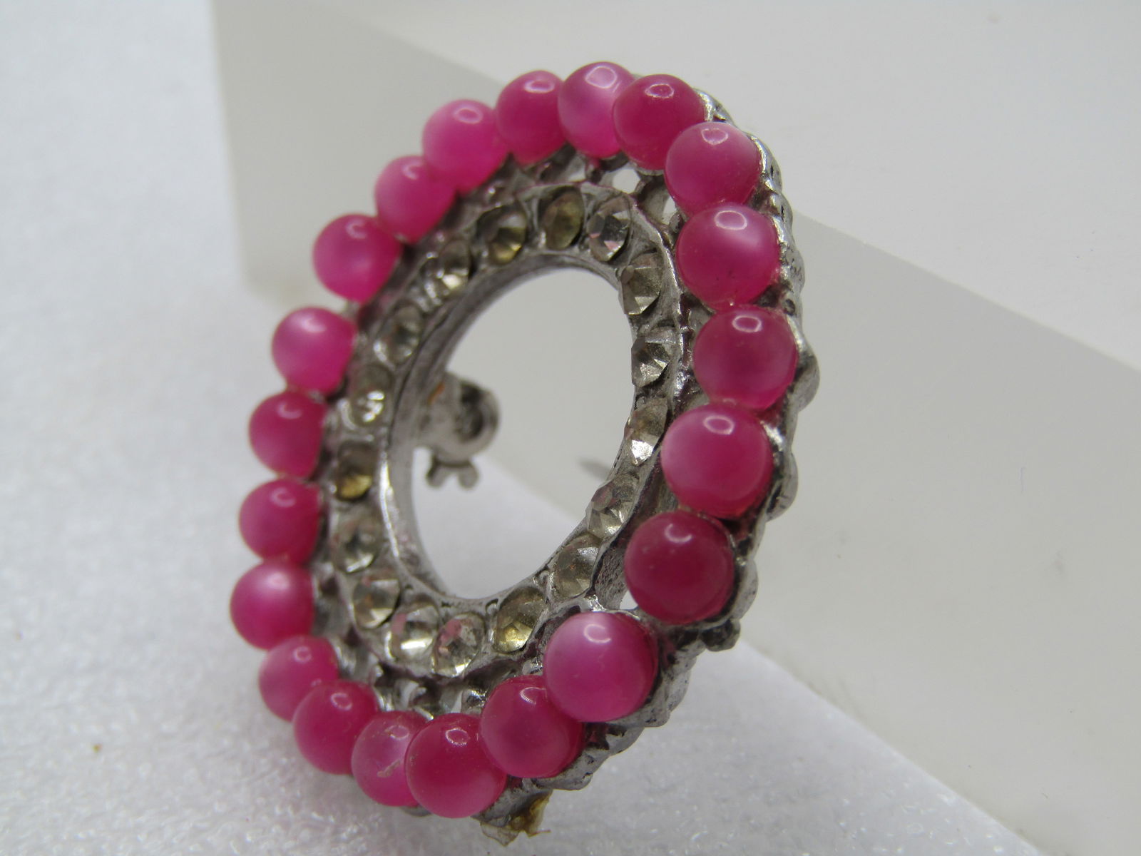 Vintage Pink Moonglow & Clear Rhinestone Brooch, Circle, 1940's-1950's - 2