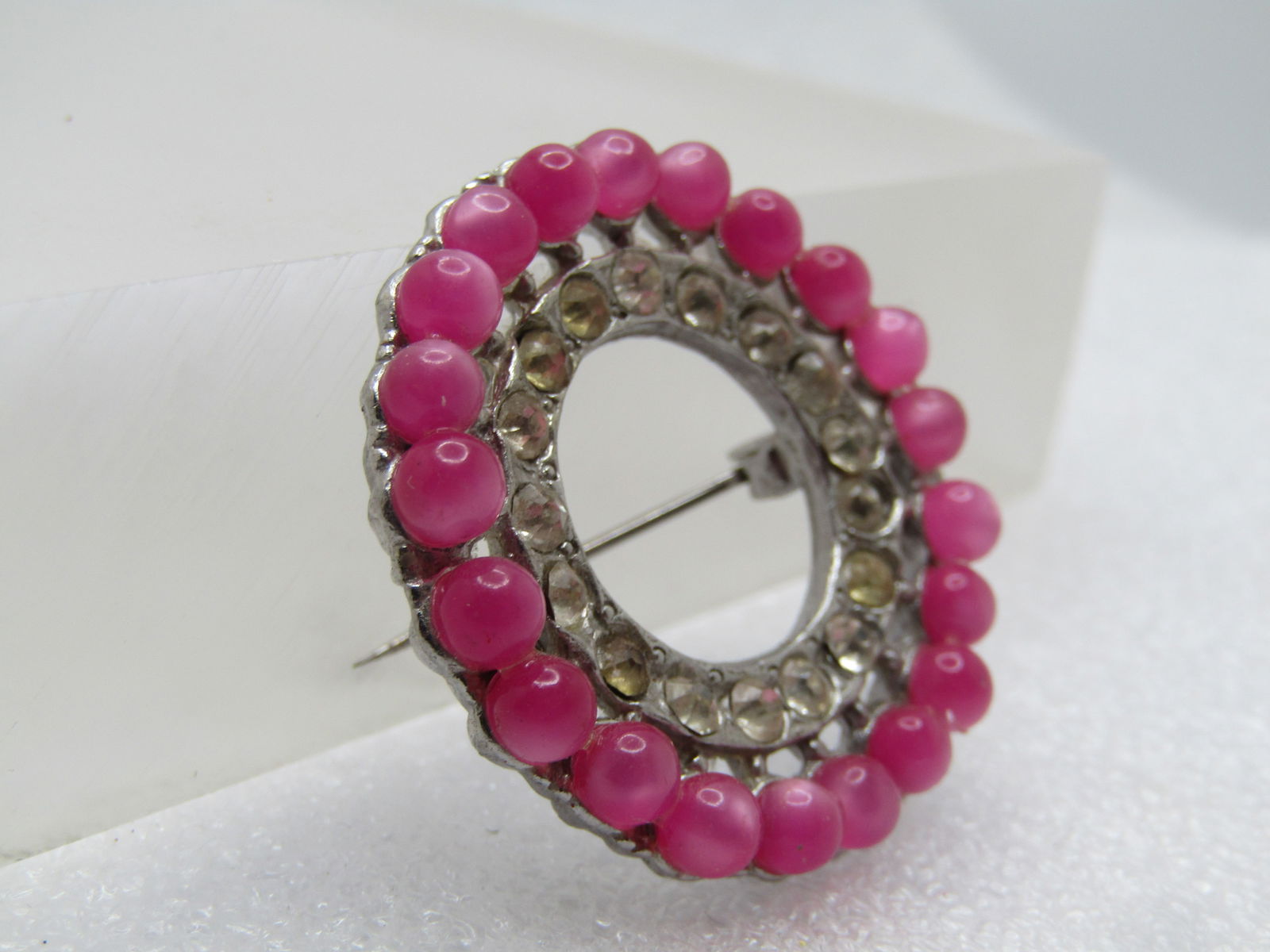 Vintage Pink Moonglow & Clear Rhinestone Brooch, Circle, 1940's-1950's - 3