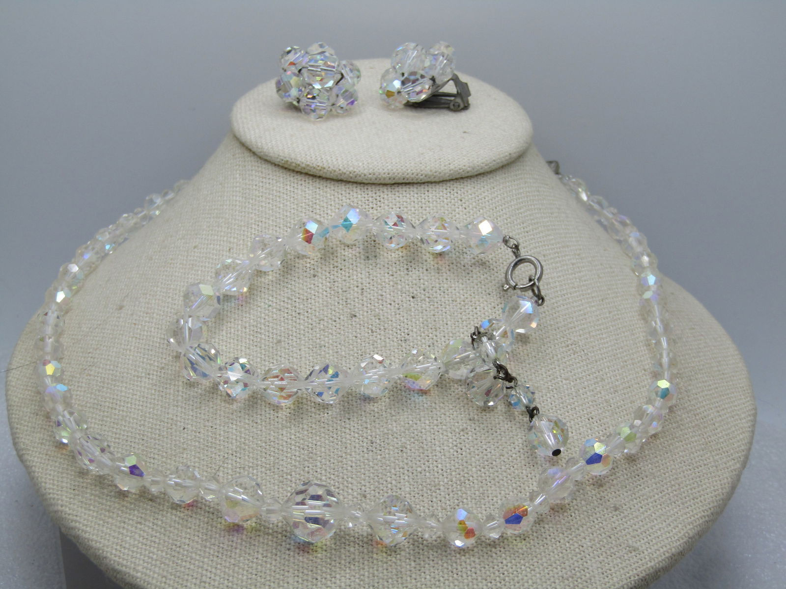 Vintage Crystal Necklace, Bracelet, Earrings Set, 1950's-1960's Aurora Borealis