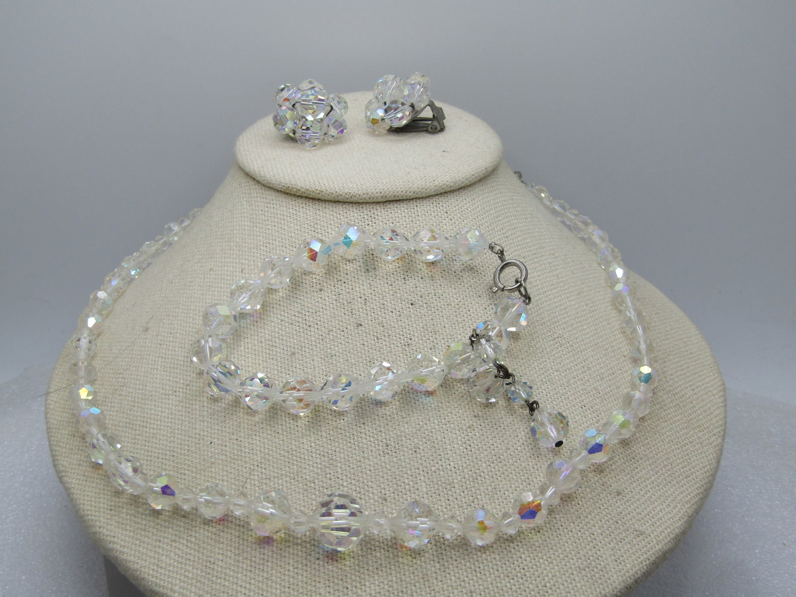 Vintage Crystal Necklace, Bracelet, Earrings Set, 1950's-1960's Aurora Borealis - 2