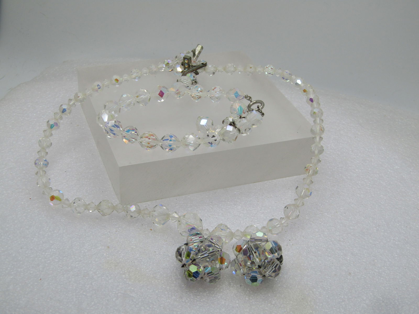 Vintage Crystal Necklace, Bracelet, Earrings Set, 1950's-1960's Aurora Borealis - 5