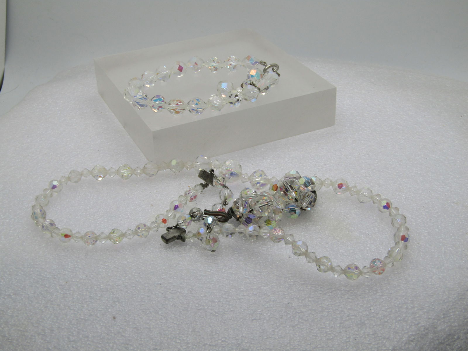 Vintage Crystal Necklace, Bracelet, Earrings Set, 1950's-1960's Aurora Borealis - 6