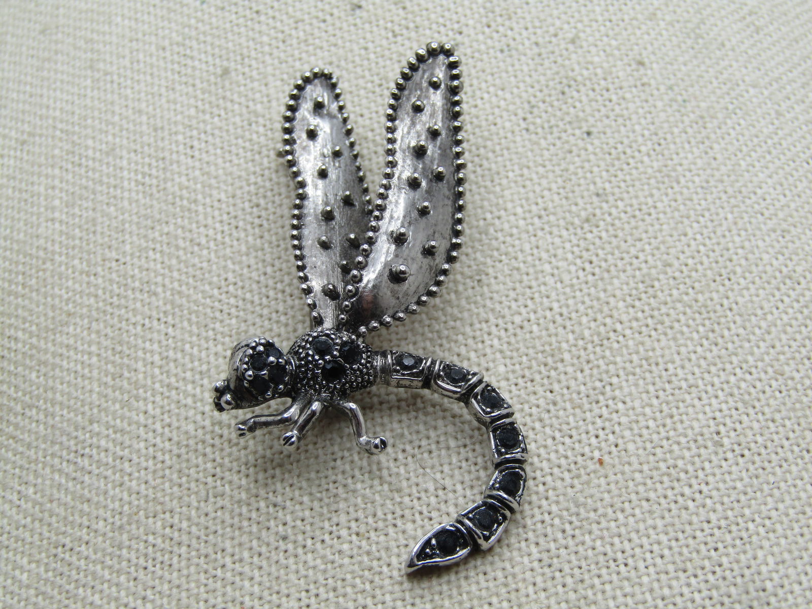 Vintage Dragonfly Brooch, Black Glass Stones, 1980's - 2