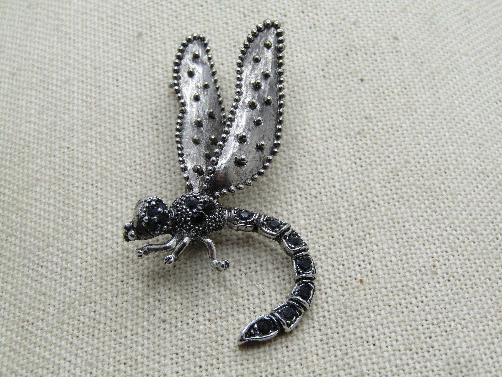 Vintage Dragonfly Brooch, Black Glass Stones, 1980's - 3