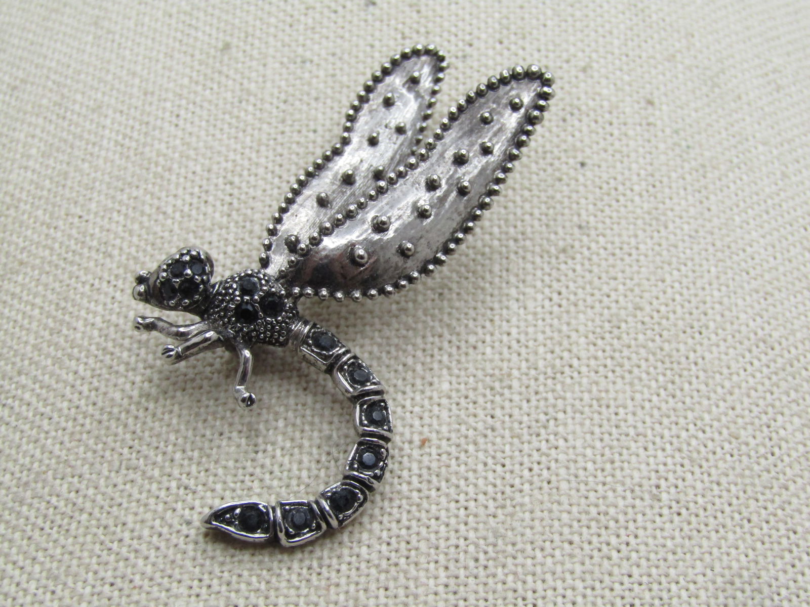 Vintage Dragonfly Brooch, Black Glass Stones, 1980's - 5