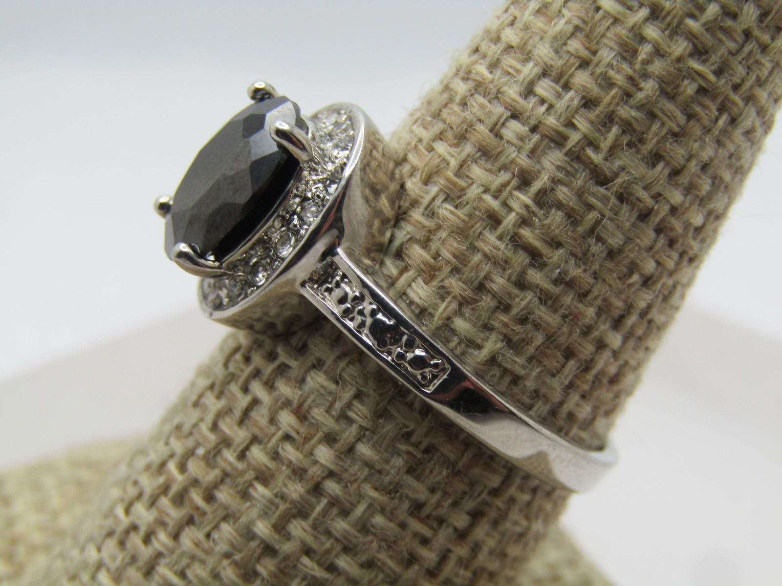 Silver Plated Hematite CZ Halo Ring, Sz. 9. 1990's-2000's - 2