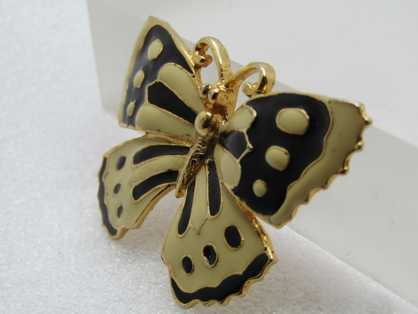 Vintage Enameled Butterfly Brooch, Black/Off-White, 1960's - 2