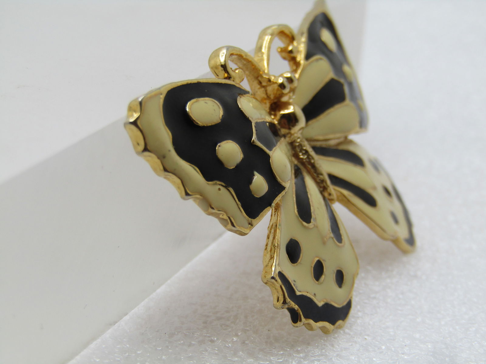 Vintage Enameled Butterfly Brooch, Black/Off-White, 1960's - 3