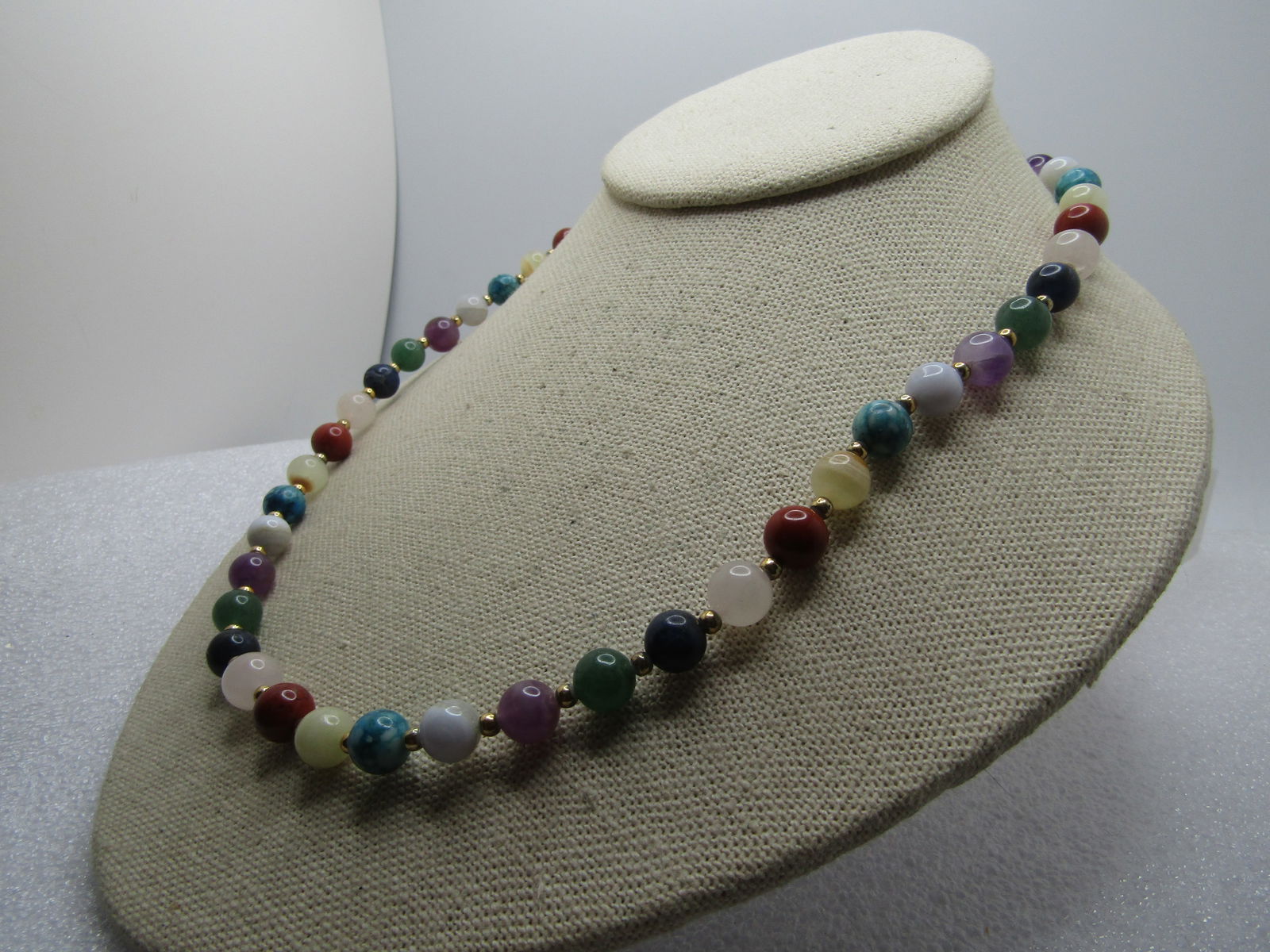 Vintage Mixed Green, Purple, Orange Jade & Agate Necklace, 24", 1960's-1970's. - 2