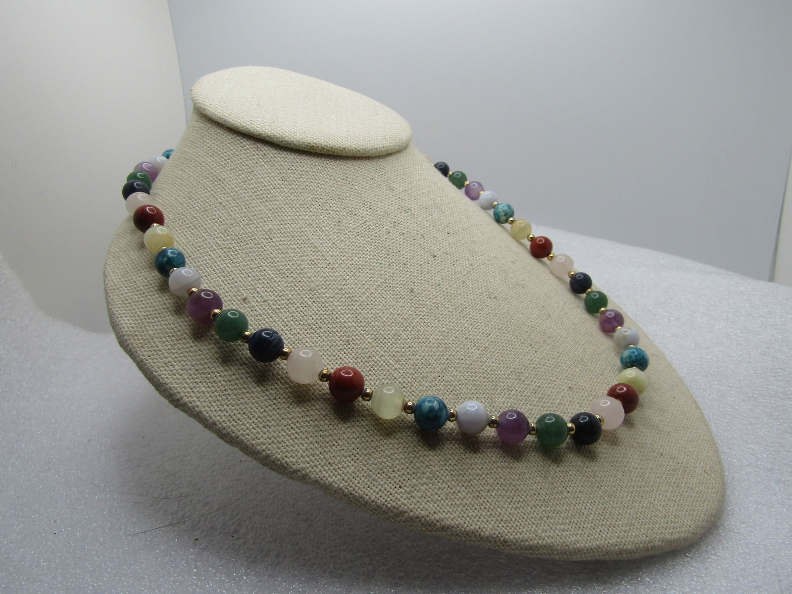 Vintage Mixed Green, Purple, Orange Jade & Agate Necklace, 24", 1960's-1970's. - 3
