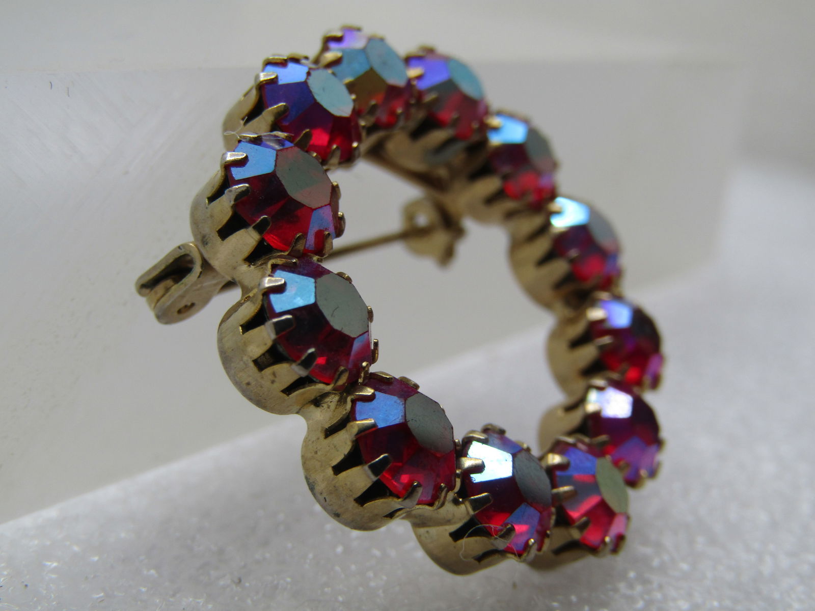 Vintage Red Aurora Borealis Rhinestone Brooch, 1960's. - 3