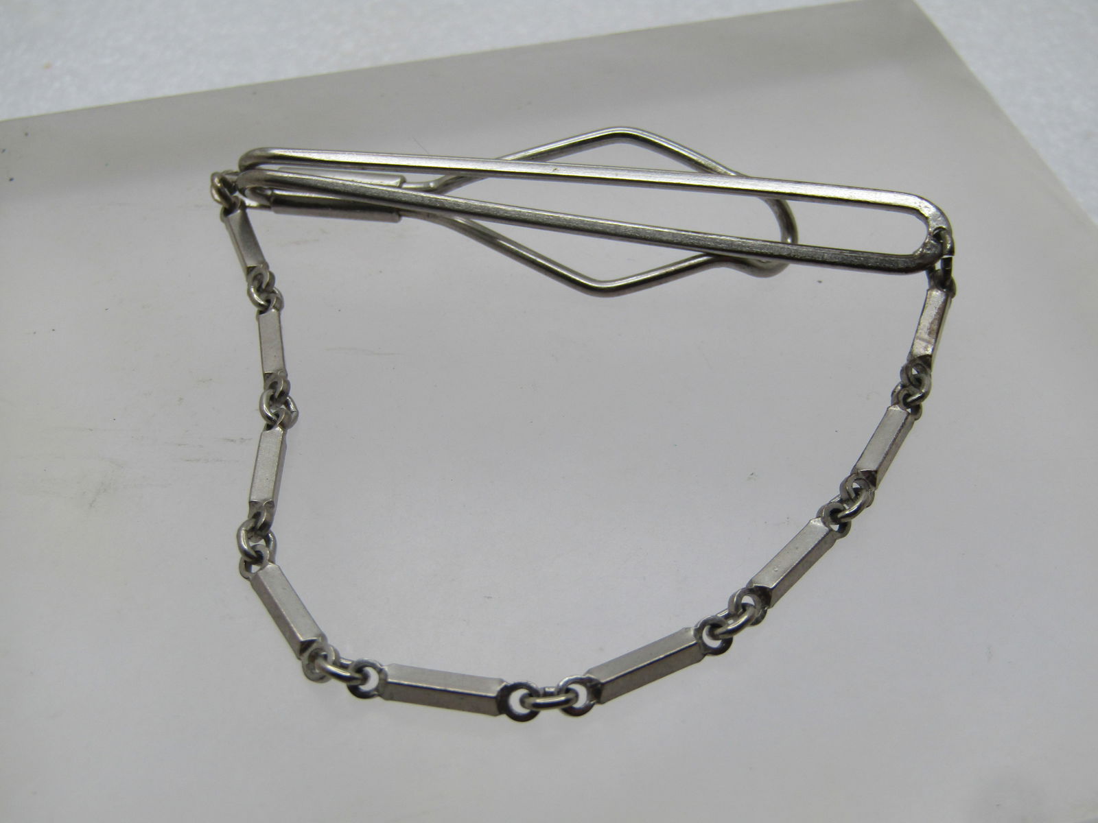 Vintage Silver Tone Tie Bar, Drop Bar Chain,Mid-Century - 4