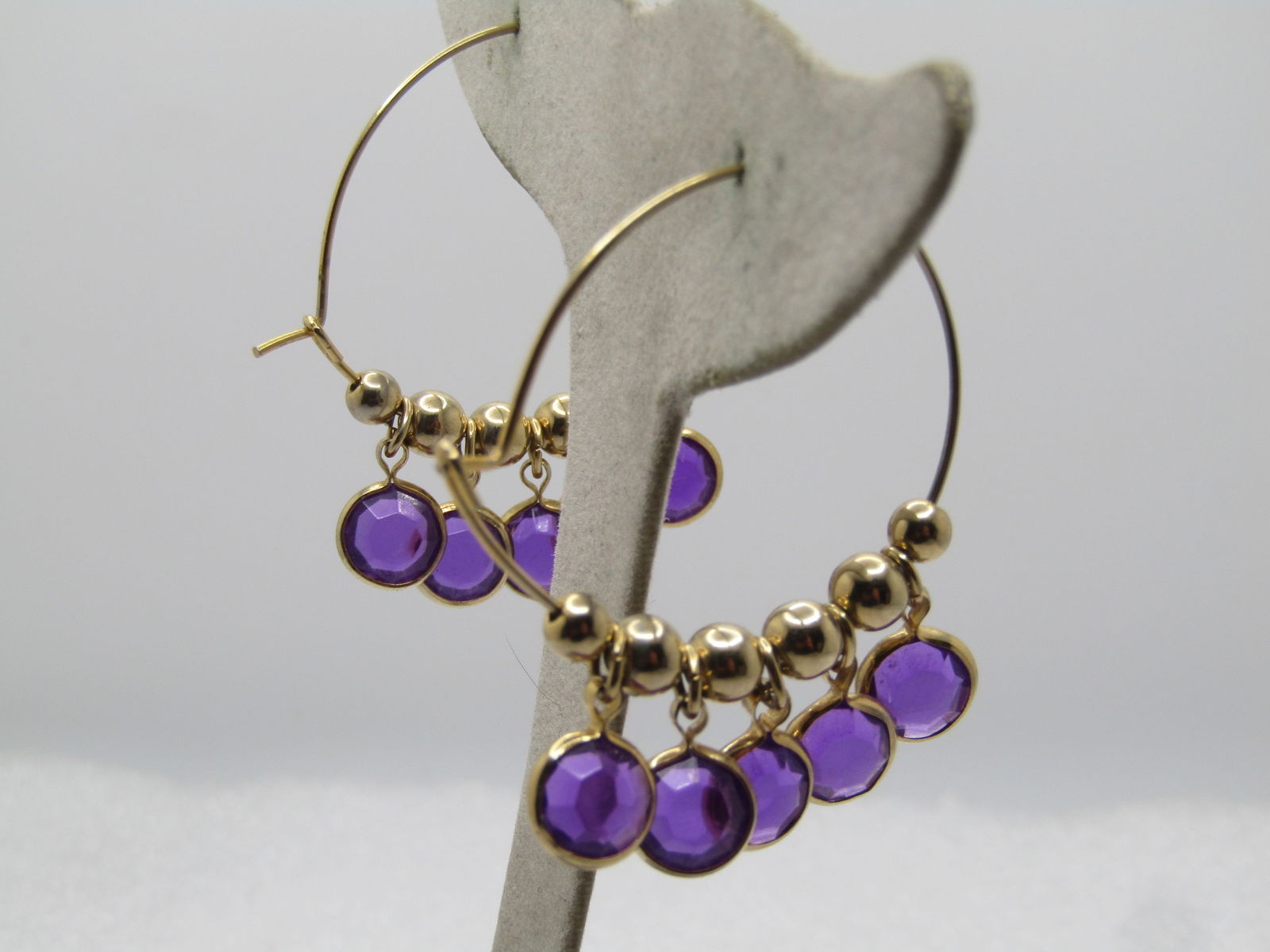 Vintage Purple Slide Hoop Earrings, 2", Pierced, 1960's-1980's: Vintage Purple Slide Hoop Earrings, 2", Pierced, 1960's-1980's. The have 5mm bold beads and between those are drops with a purple faceted stone and a gold tone bezel - the beads and dangles slide on