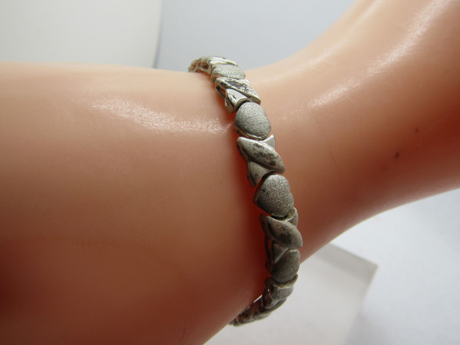 Vintage Sterling Hearts & Z Bracelet, 7", Double Safety, 1980's, Signed - 2