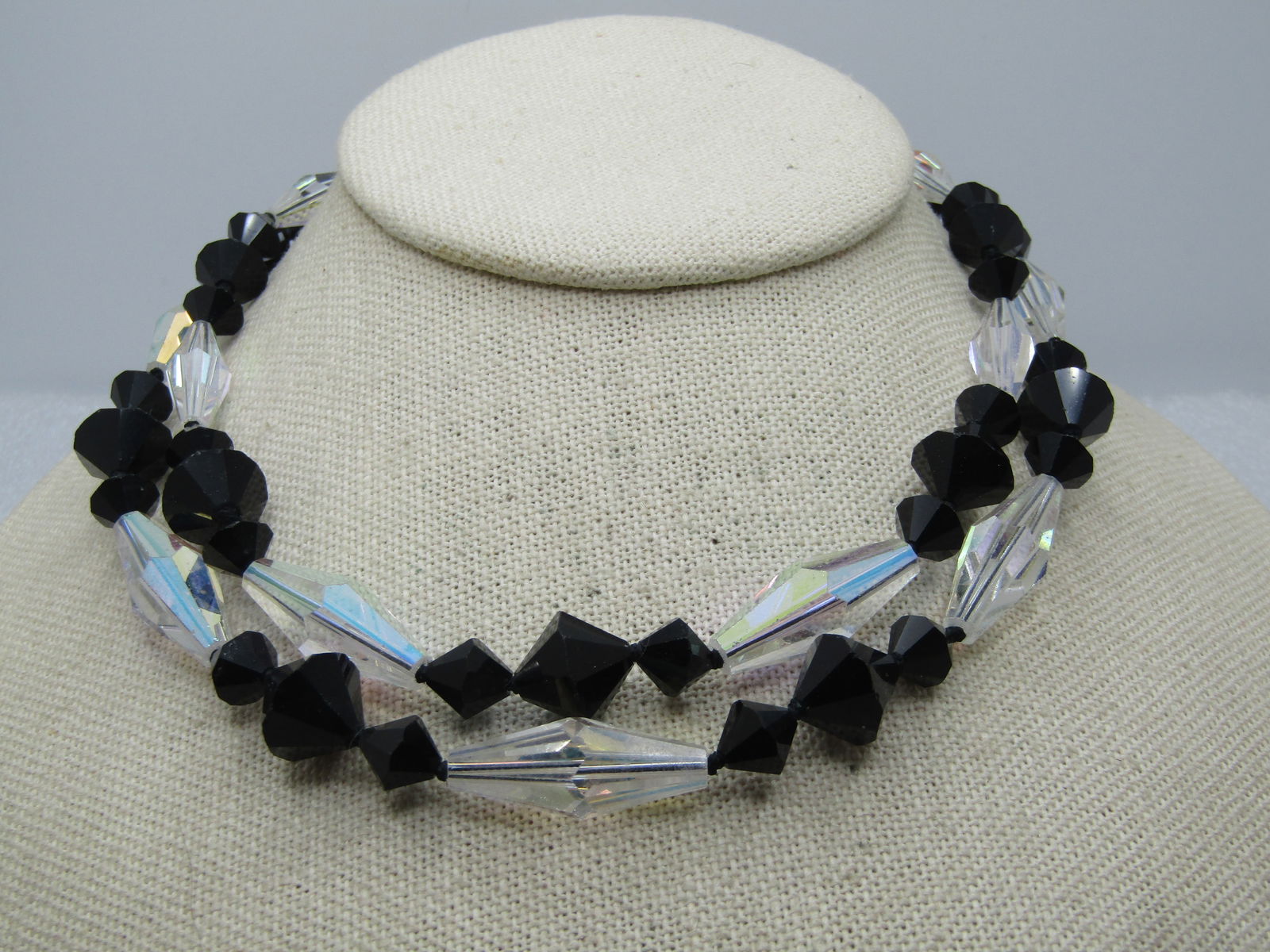 Vintage Black & Clear AB Beaded Necklace, 14.5", Double Strand, 1950's-1960's: Vintage Black & Clear AB Beaded Necklace, 14.5", Double Strand, 1950's-1960's. This has an ornate rhinestone and crystal box clasp with a framed black glass round stone, appx. 2mm for each stone and p