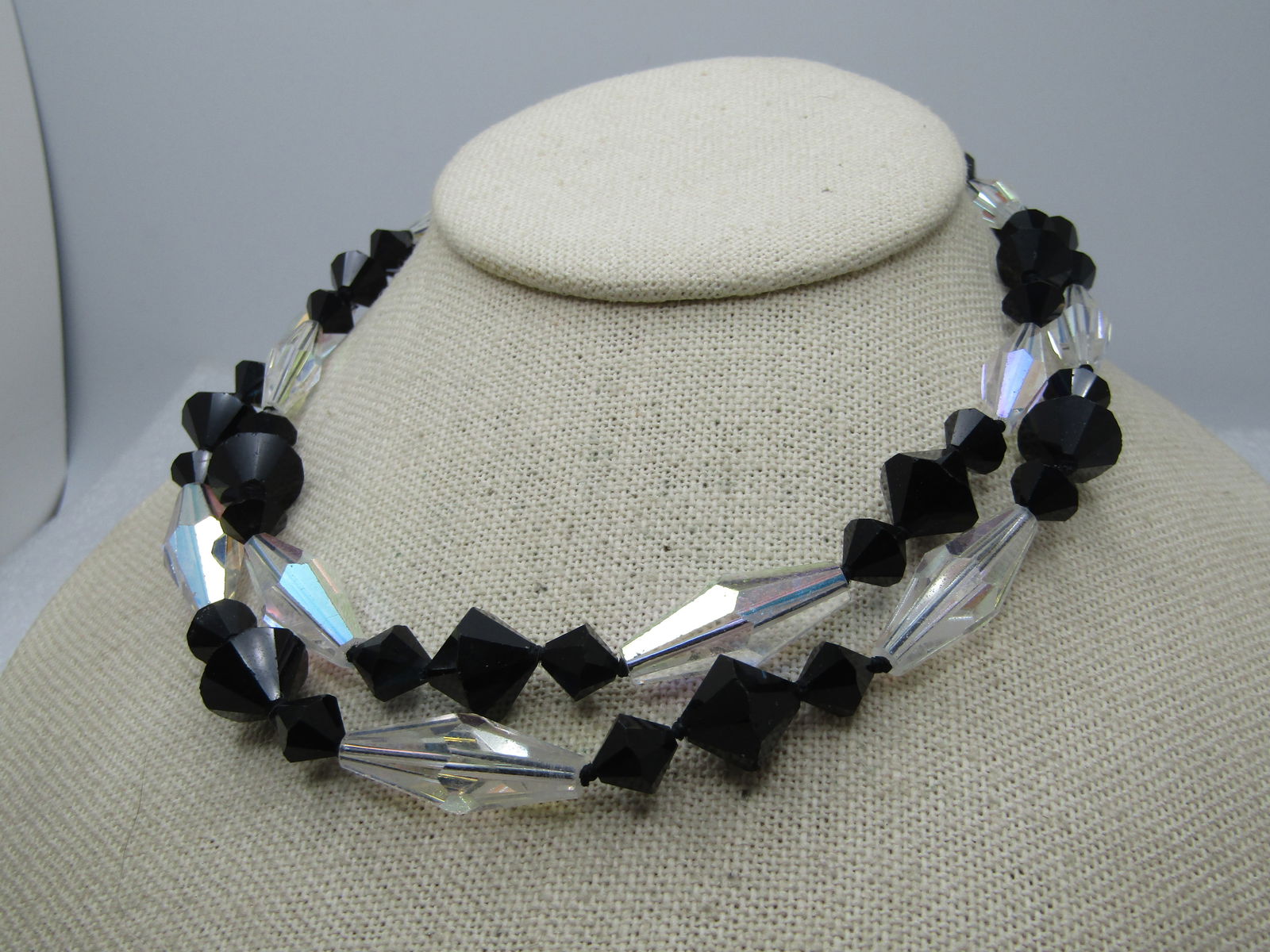 Vintage Black & Clear AB Beaded Necklace, 14.5", Double Strand, 1950's-1960's - 2