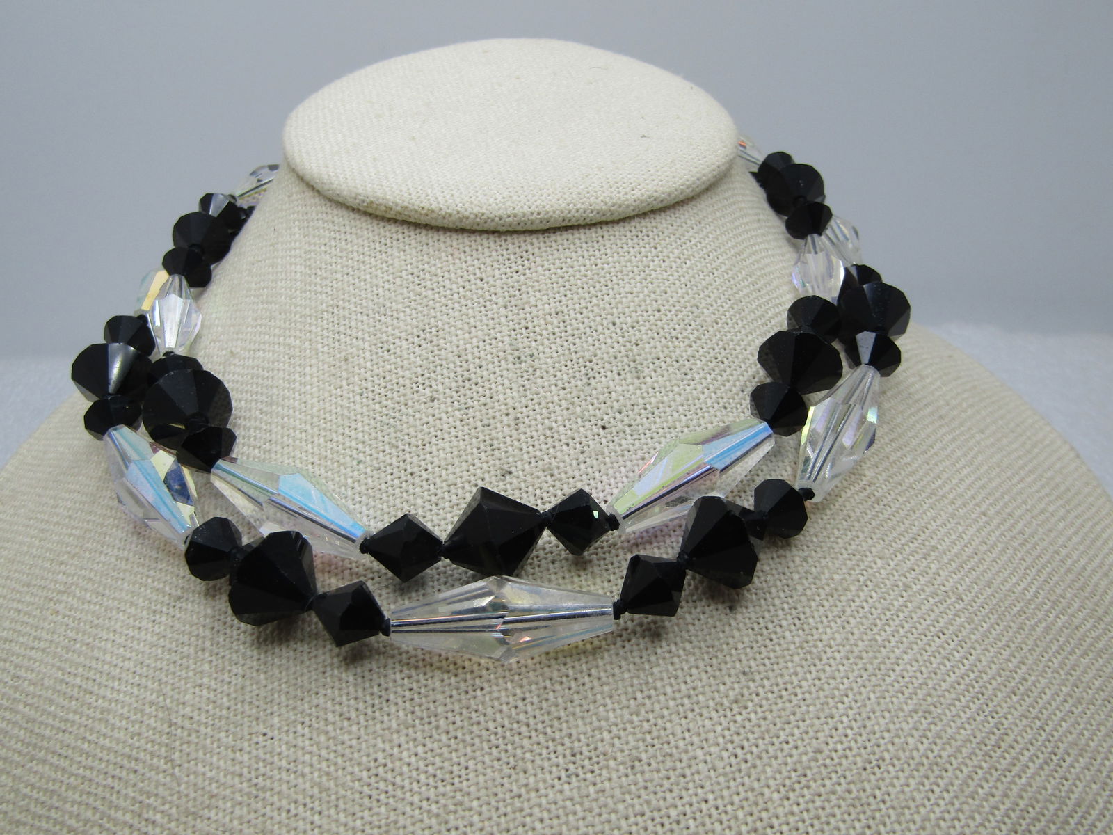 Vintage Black & Clear AB Beaded Necklace, 14.5", Double Strand, 1950's-1960's - 3