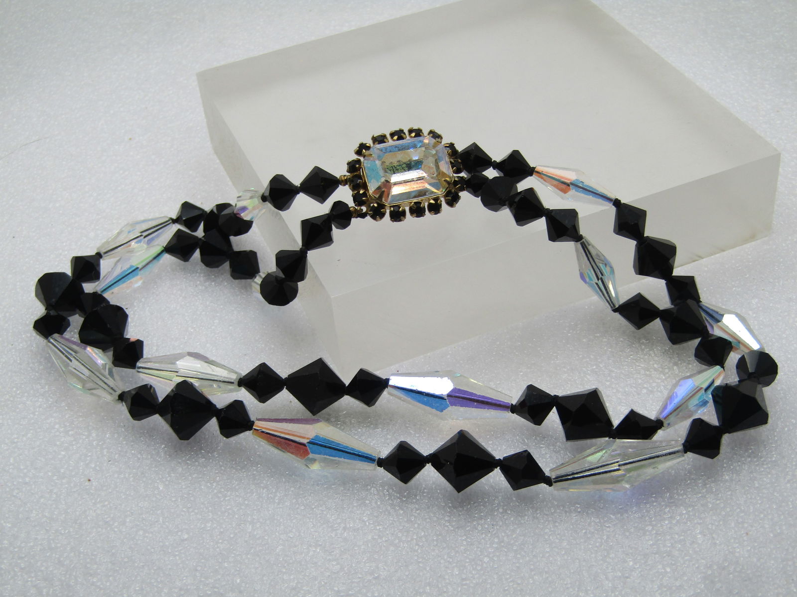 Vintage Black & Clear AB Beaded Necklace, 14.5", Double Strand, 1950's-1960's - 6