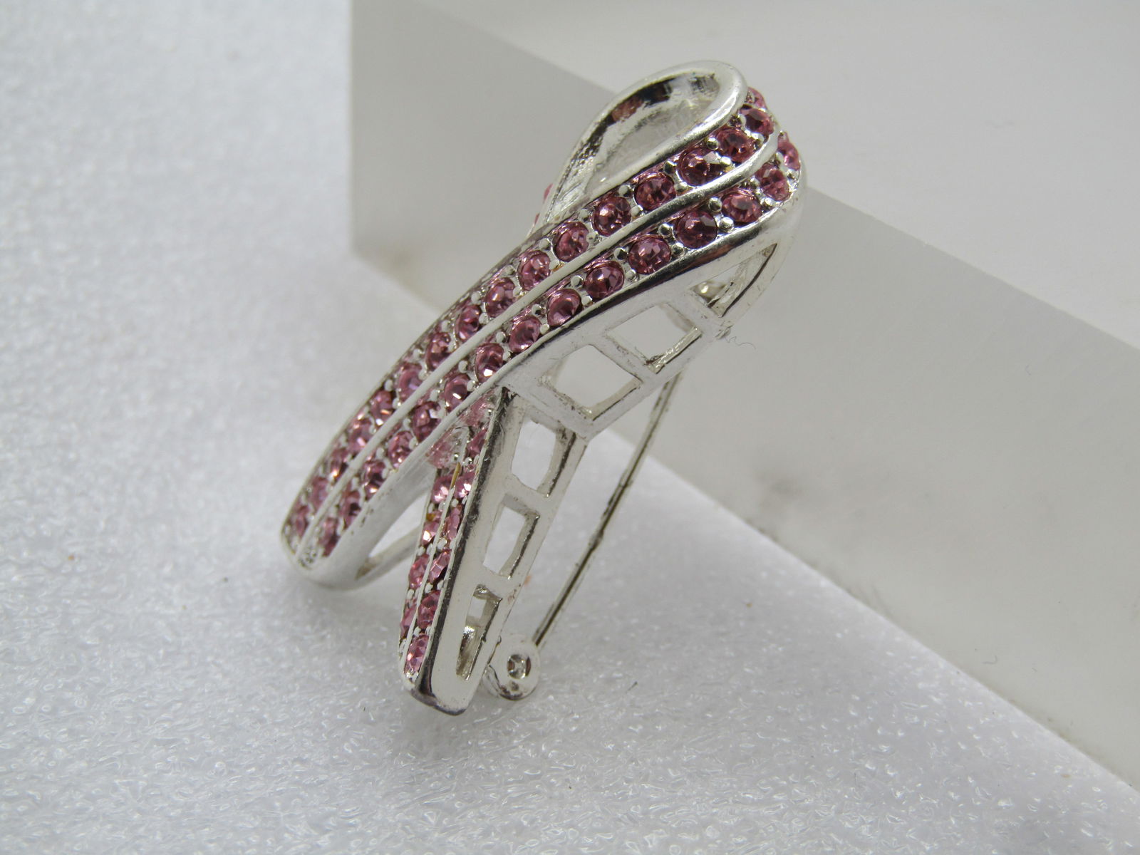 Pink Rhinestone Support Ribbon Brooch, 1990's-2000's - 2