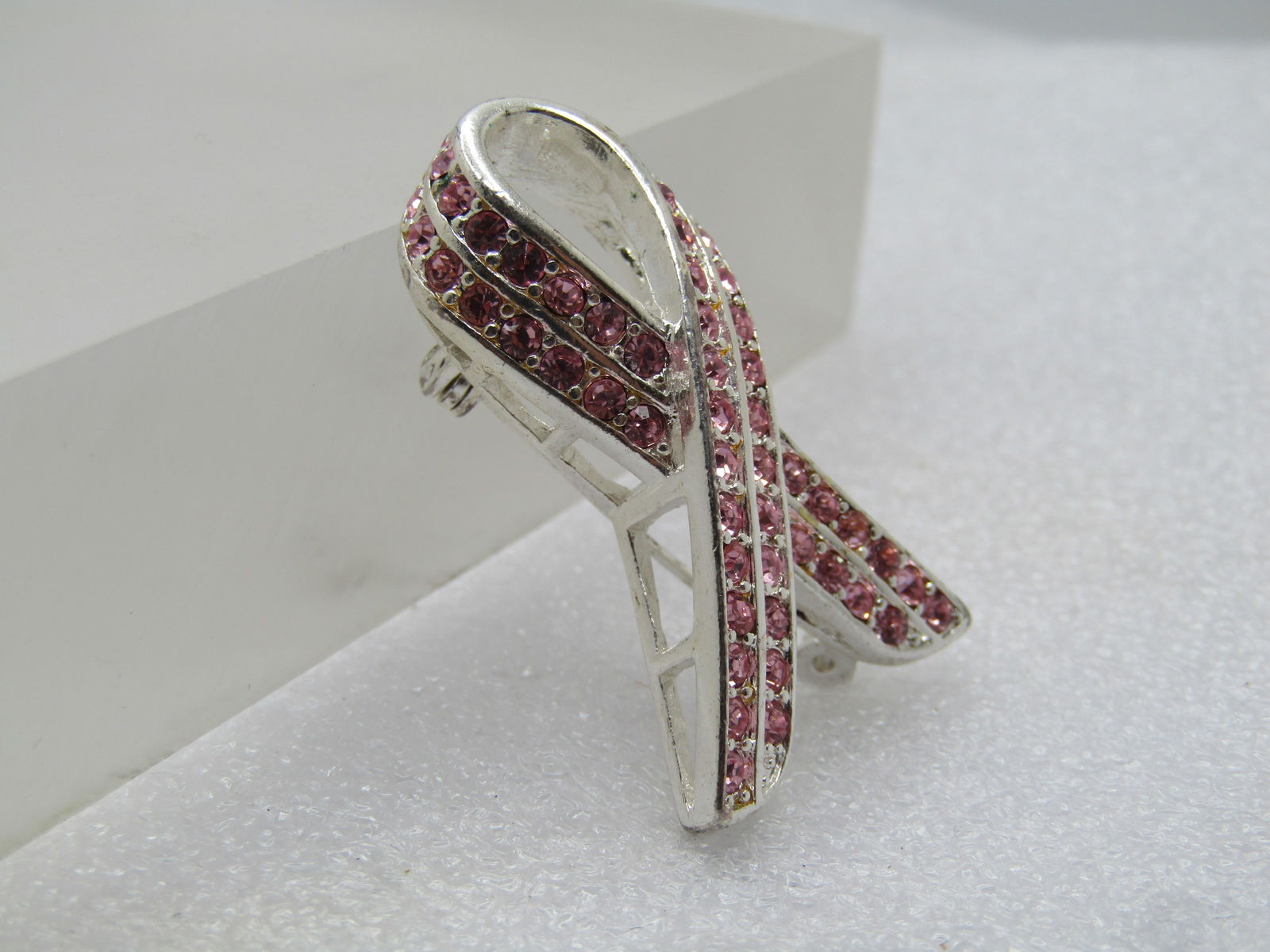 Pink Rhinestone Support Ribbon Brooch, 1990's-2000's - 3