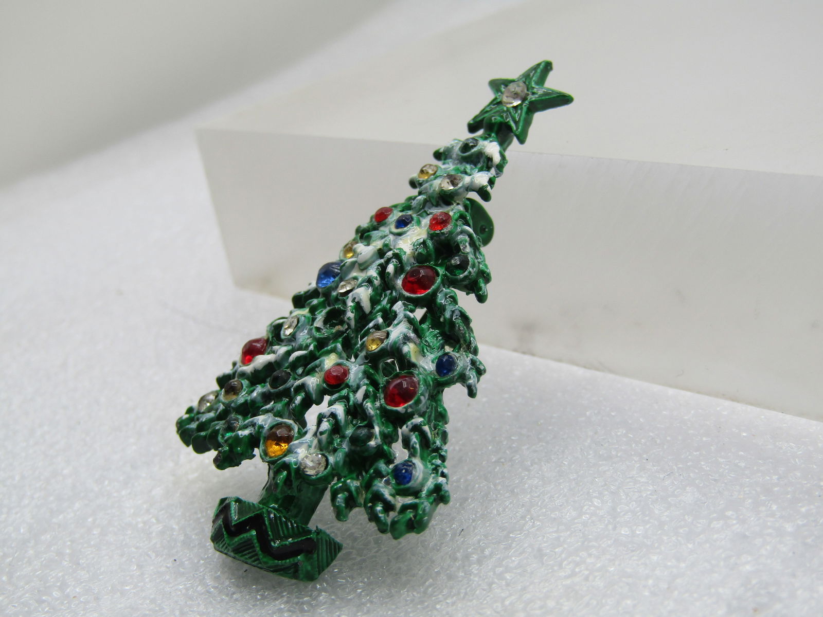 Vintage Green Enameled Christmas Tree Brooch, Rhinestones, 1970's - 2