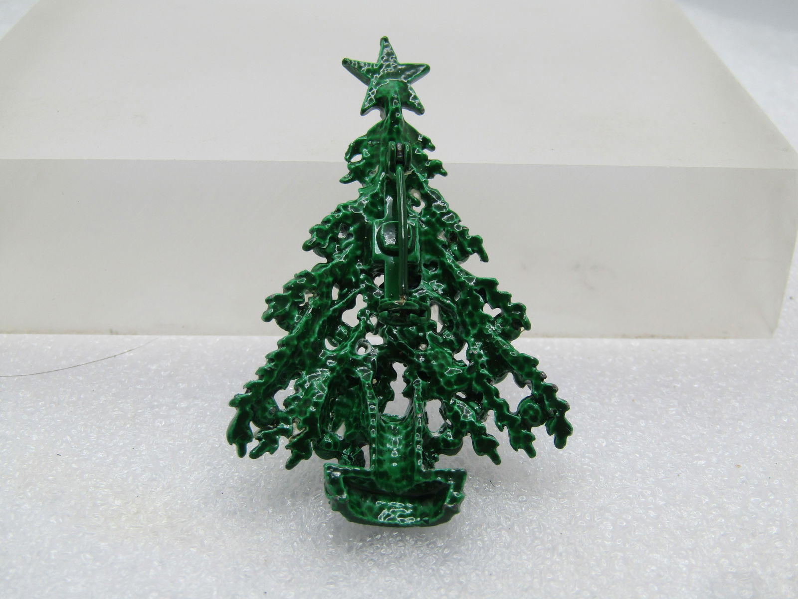 Vintage Green Enameled Christmas Tree Brooch, Rhinestones, 1970's - 4