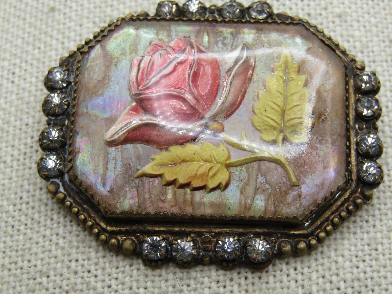 Antique Essex Glass Rose Carved Brooch, 1910's, Rhinestones - 2