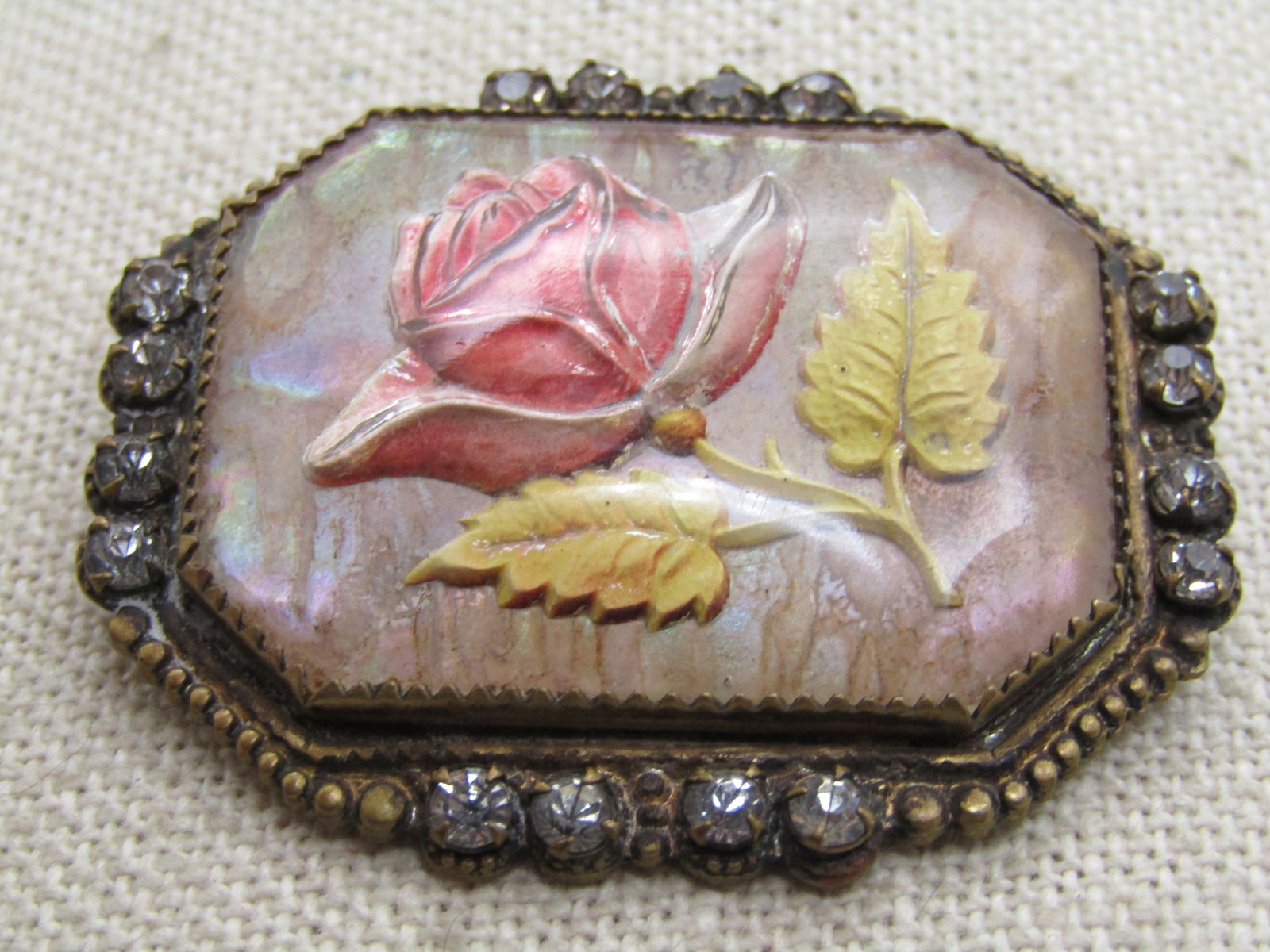 Antique Essex Glass Rose Carved Brooch, 1910's, Rhinestones - 3