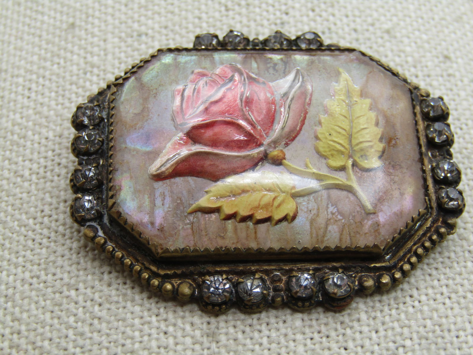 Antique Essex Glass Rose Carved Brooch, 1910's, Rhinestones - 4