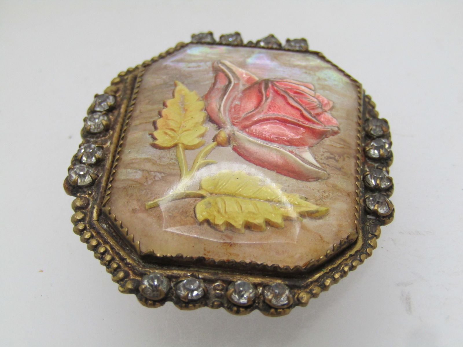 Antique Essex Glass Rose Carved Brooch, 1910's, Rhinestones - 6