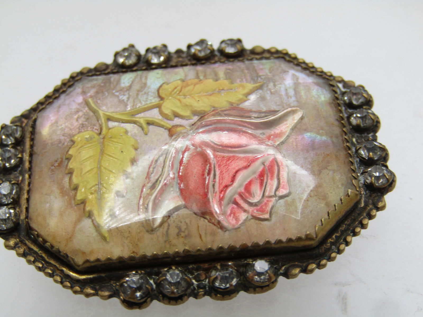 Antique Essex Glass Rose Carved Brooch, 1910's, Rhinestones - 7