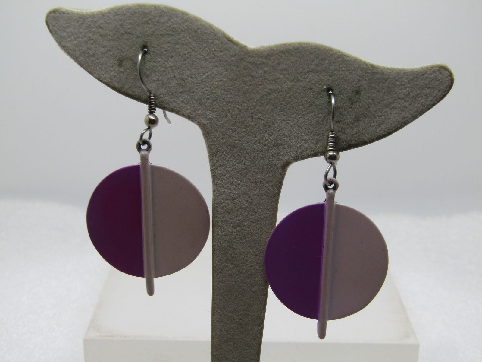 Vintage Lavender & Purple Enameled Earrings, 1960's-1980's, Mod, Pierced: Vintage Lavender & Purple Enameled Earrings, 1960's-1980's, Mod, Pierce. A 1-1/8" circle that is half purple and half lavender with a raised lavender stem that divides the circle in half and