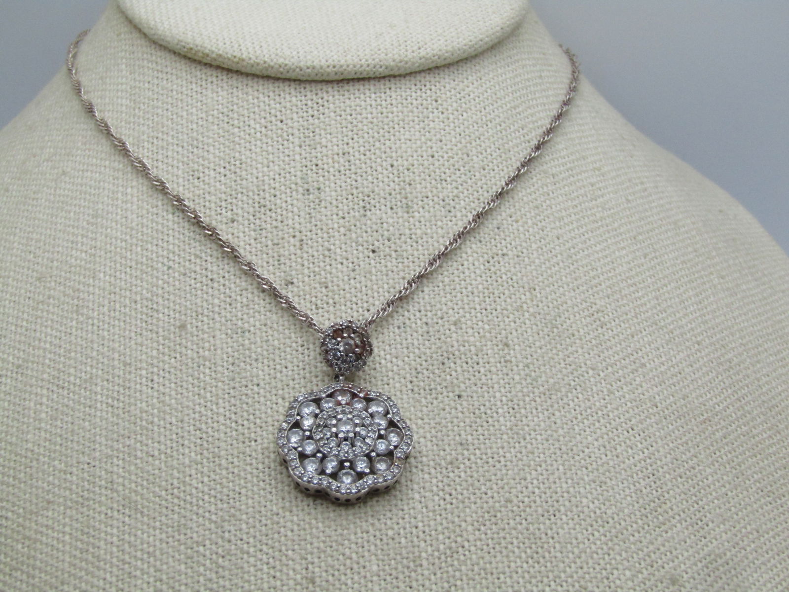 Vintage Sterling Clear Stone Necklace, 24", 1980's-1990's, Signed: Vintage Sterling Clear Stone Necklace, 24", 1980's-1990's, Signed. The chain is an appx. 1.8 teisted sterling rope chain with spring clasp. It is marked sterling, tests as sterling and signed KA