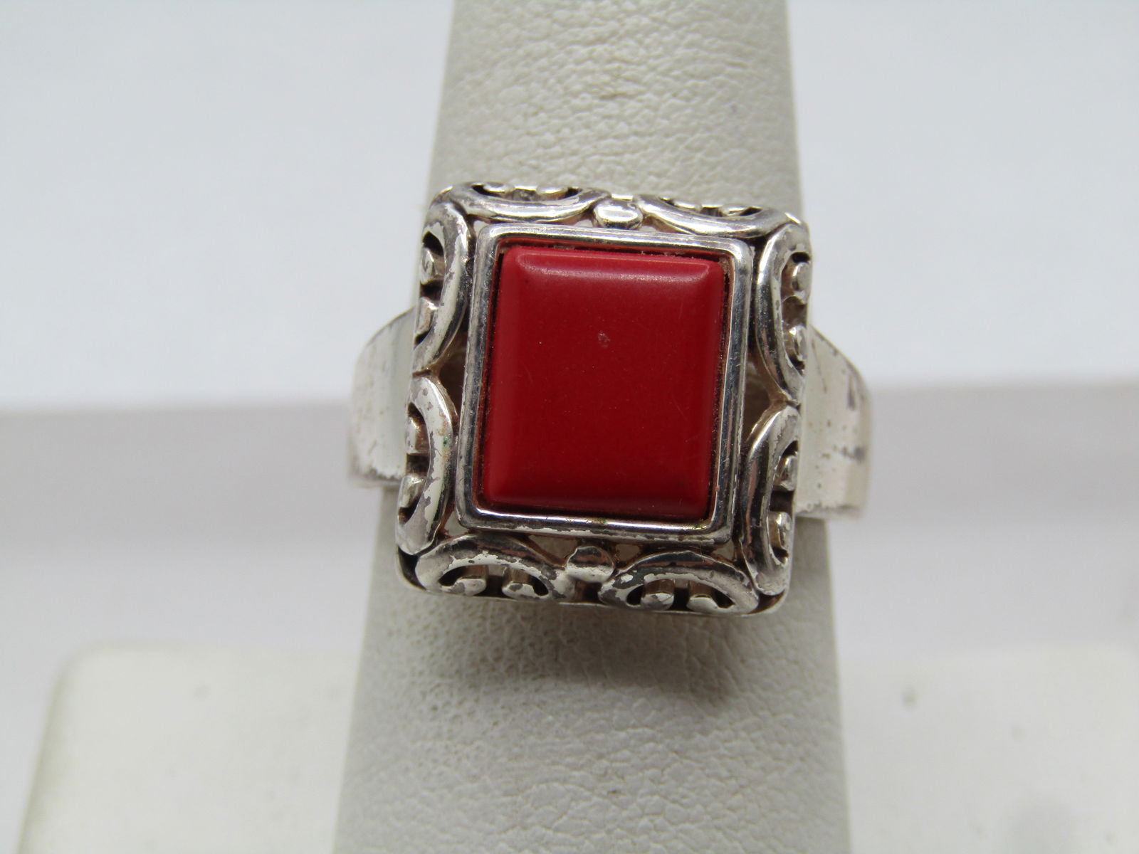 Silver Tone Faux Coral ring, Sz. 8.5, 1990's, Scrolled - 2