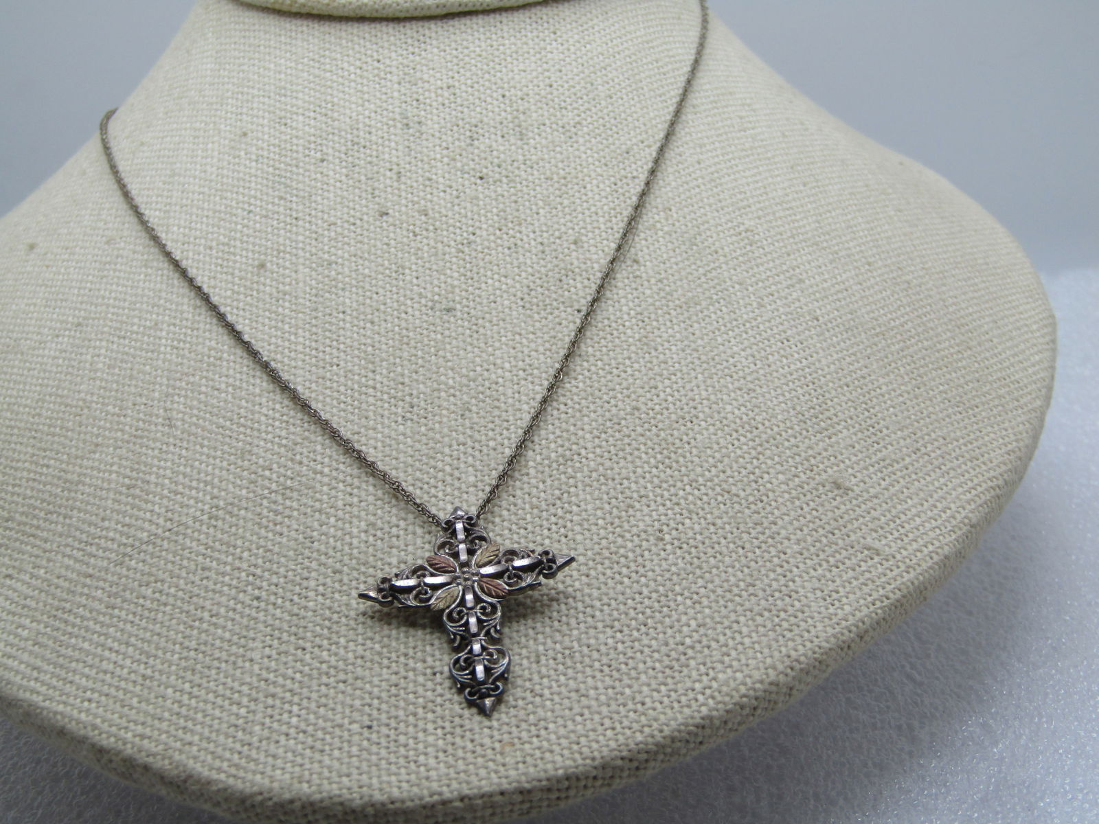 Vintage Sterling & 12kt Cross Necklace, Black Hills Gold, 18", 1980's-1990's, Signed: Vintage Sterling & 12kt Cross Necklace, Black Hills Gold, 18", 1980's-1990's. the cross is a filigree cross in sterling with a center with rose and yellow 12kt leaf-like accents also in the shape of
