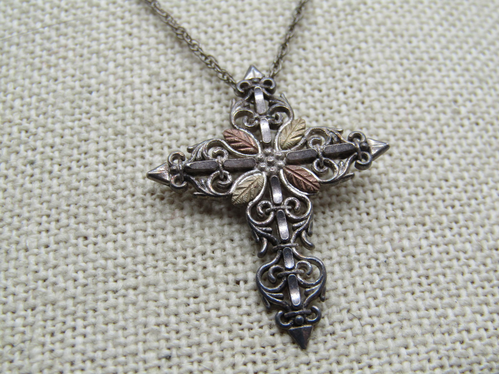 Vintage Sterling & 12kt Cross Necklace, Black Hills Gold, 18", 1980's-1990's, Signed - 2