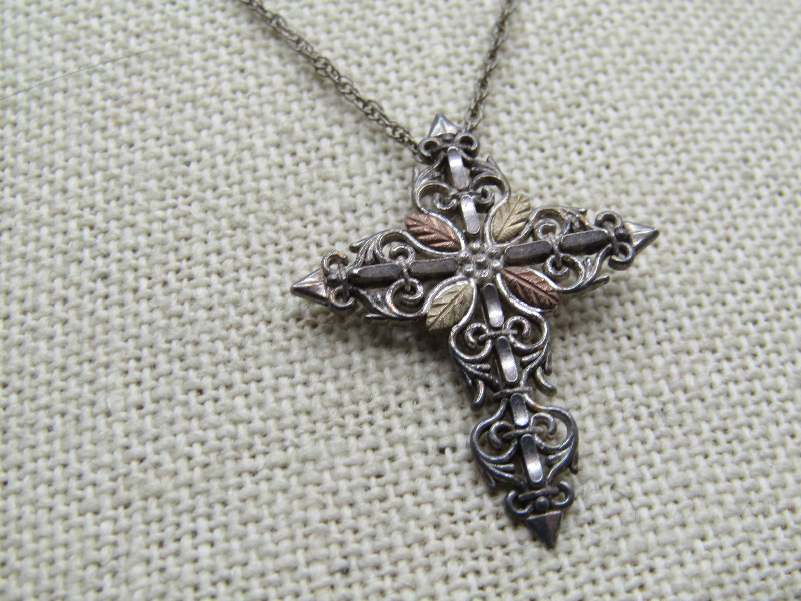 Vintage Sterling & 12kt Cross Necklace, Black Hills Gold, 18", 1980's-1990's, Signed - 3