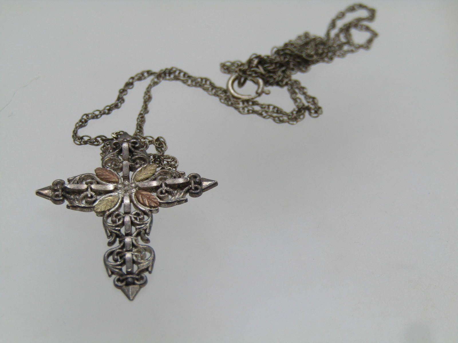 Vintage Sterling & 12kt Cross Necklace, Black Hills Gold, 18", 1980's-1990's, Signed - 5
