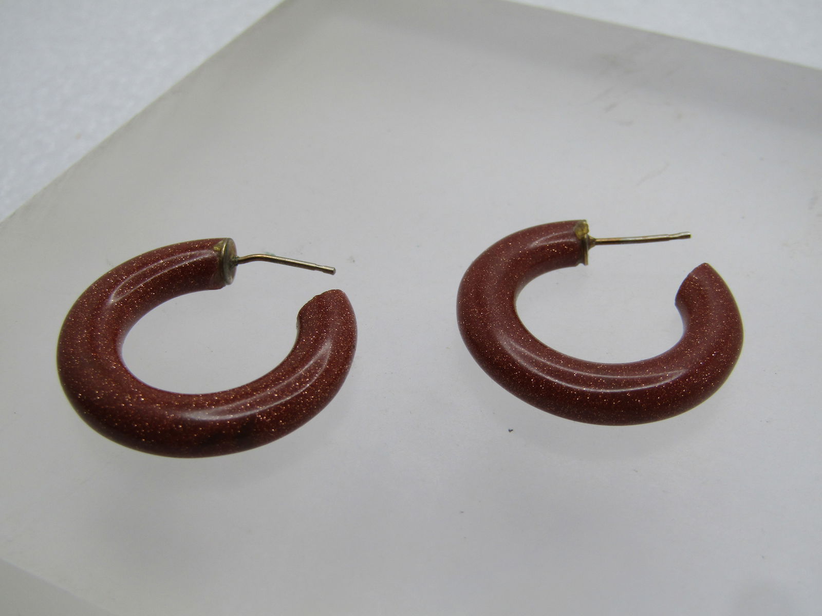 Vintage Goldstone Hoop Earrings, Pierced 1960's-1970's. - 5