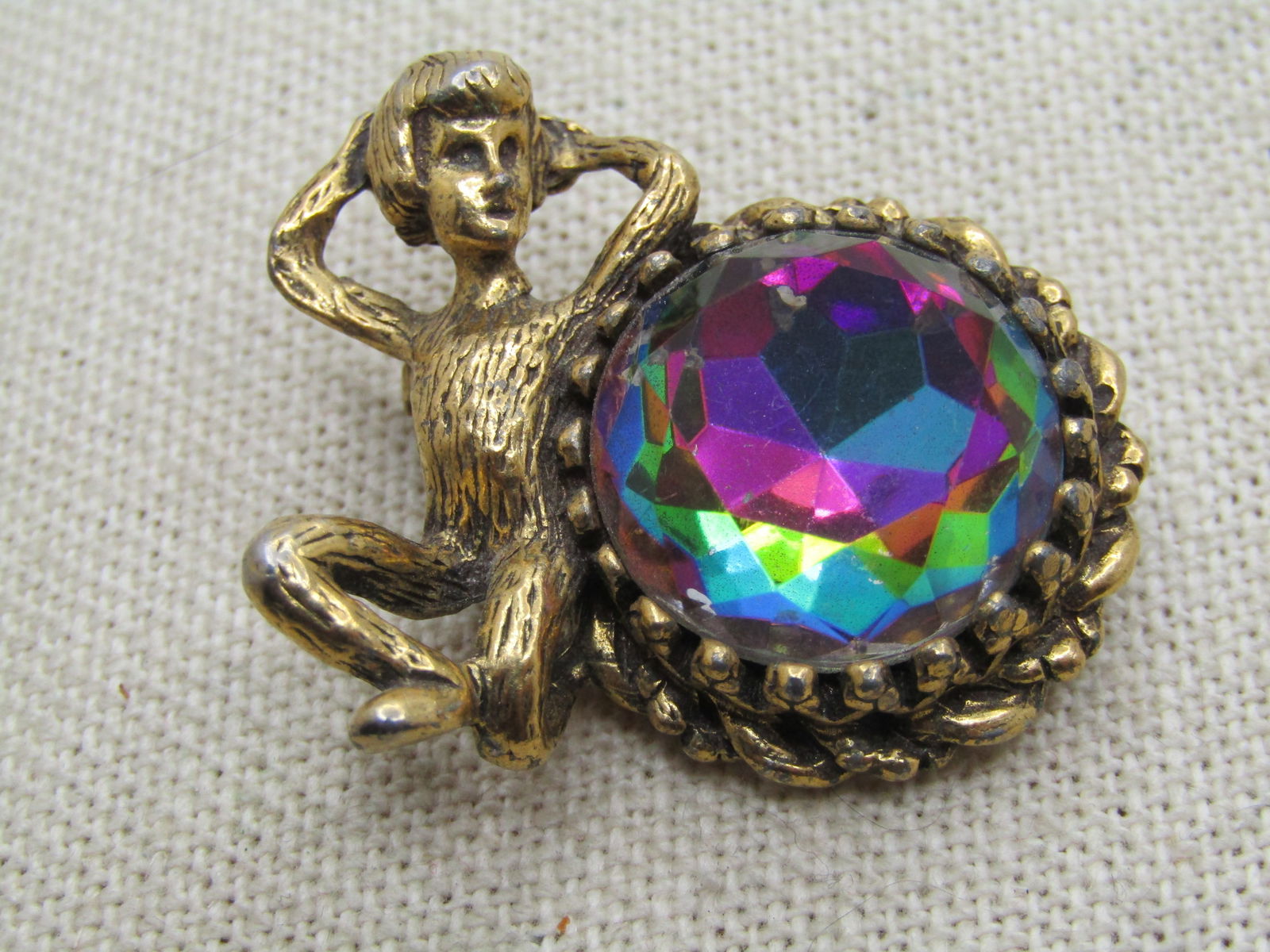 Vintage Posing Figure Large Watermelon Rhinestone Brooch, 1950's-1960's - Unusual/Rare: Vintage Posing Figure Large Watermelon Rhinestone Brooch, 1940's-1960's - Unusual/Rare. This has a textured body with arms behind the head in a bent knee position. Cannot tell if it is male/female. It