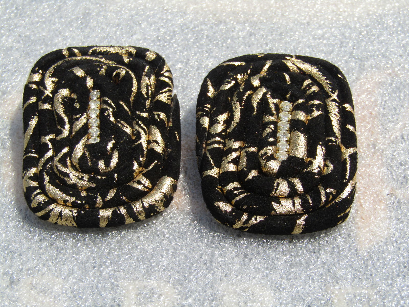 Vintage Black & Gold Wrapped Fabrich Earrings, Pierced, Rhinestone Center, 1980's Fabulous - 2