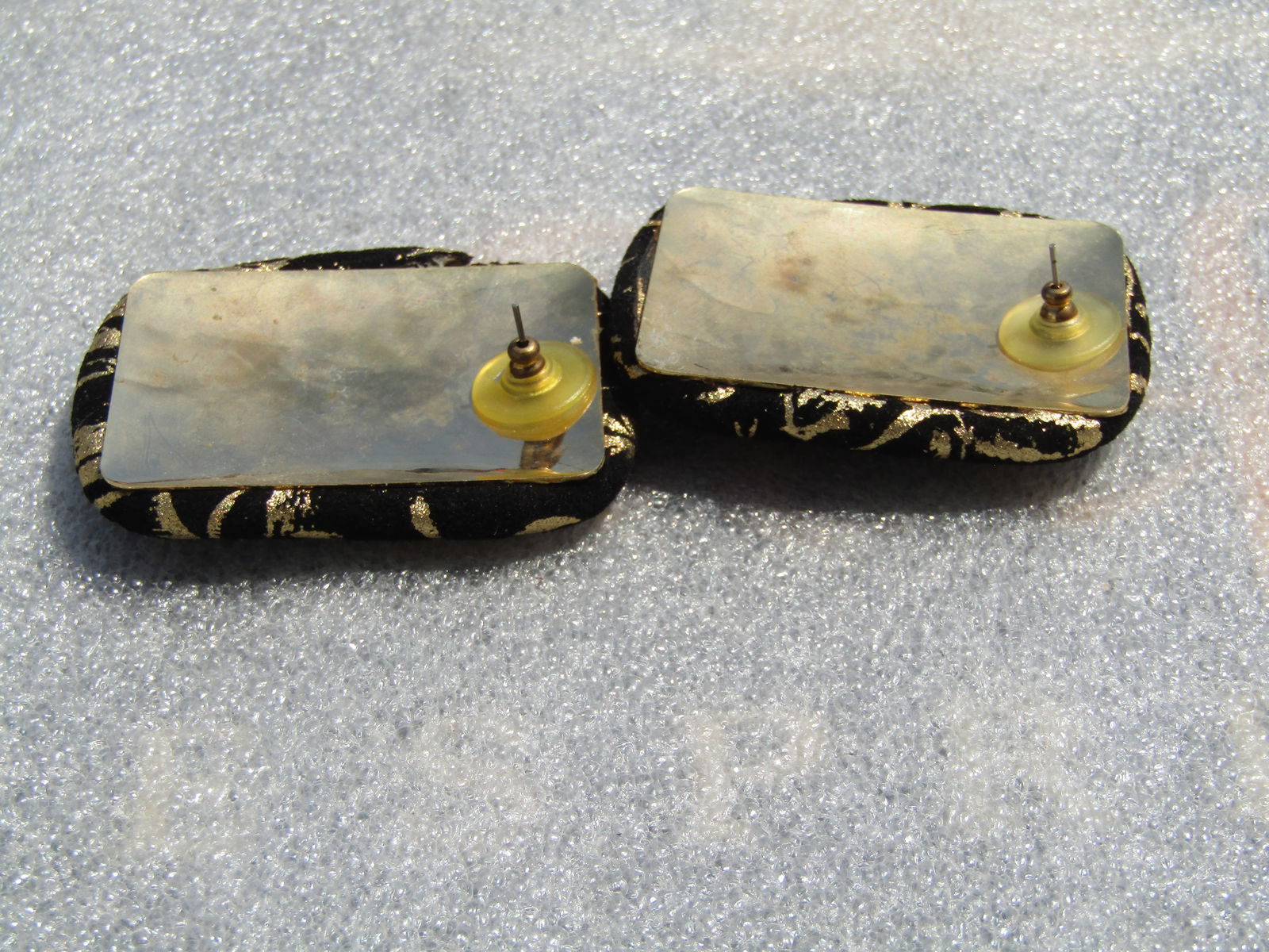 Vintage Black & Gold Wrapped Fabrich Earrings, Pierced, Rhinestone Center, 1980's Fabulous - 3