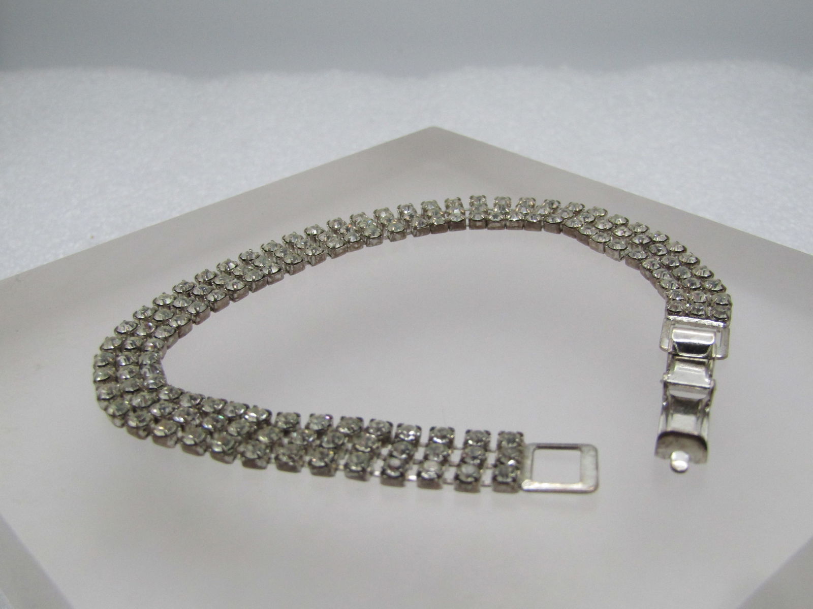 Vintage Clear Rhinestone Bracelet, Triple Strand, 8" 1960's-1980's - 4