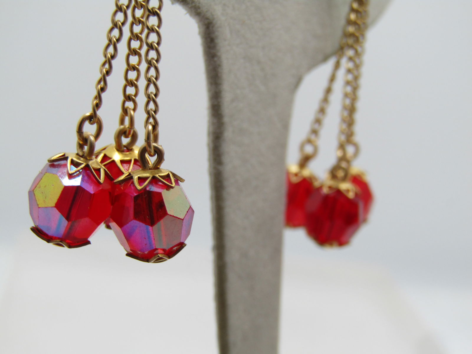 Vintage Red Aurora Borealis Slide Earrings, Dangles, 1960's - 3