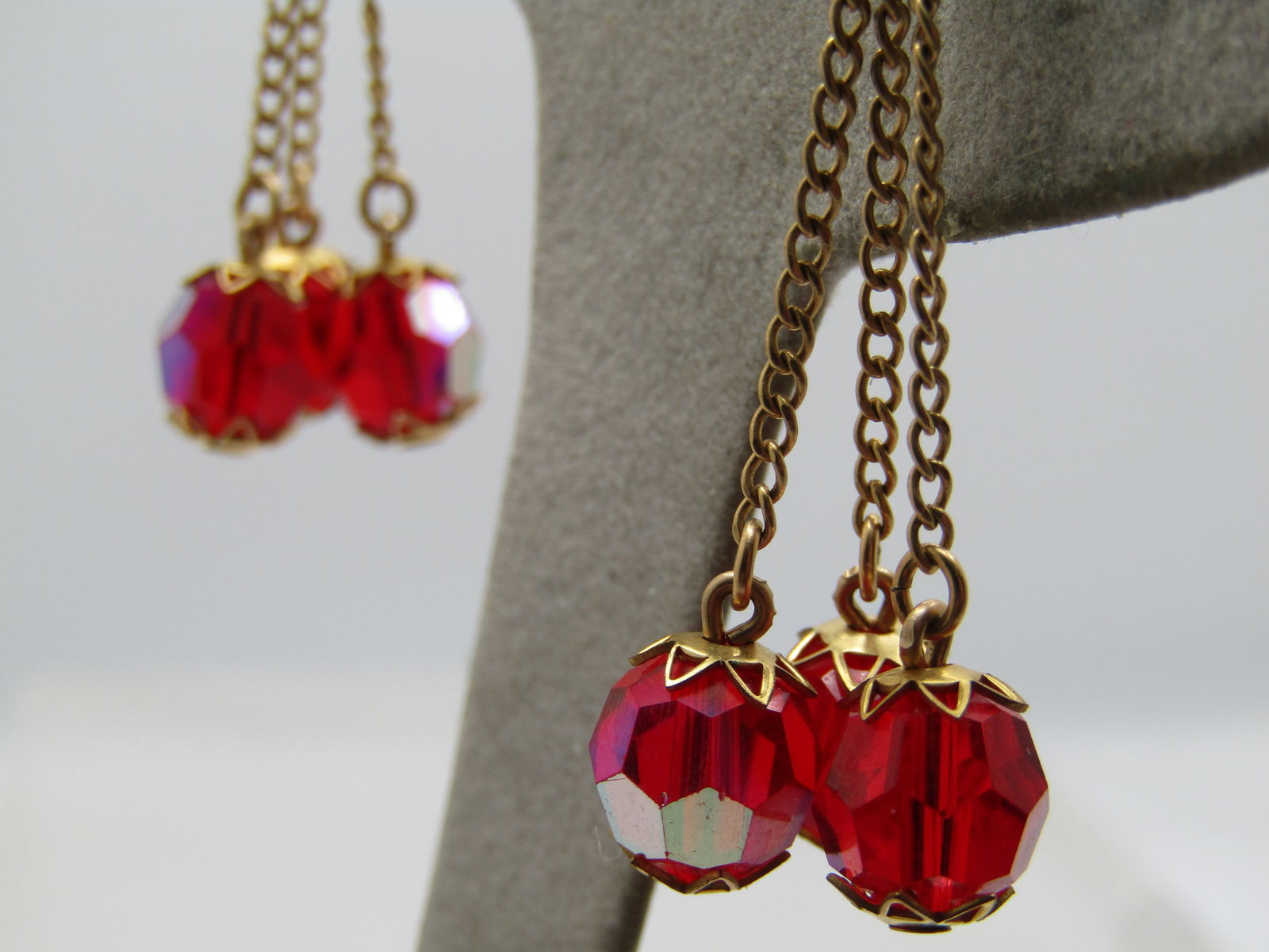 Vintage Red Aurora Borealis Slide Earrings, Dangles, 1960's - 4